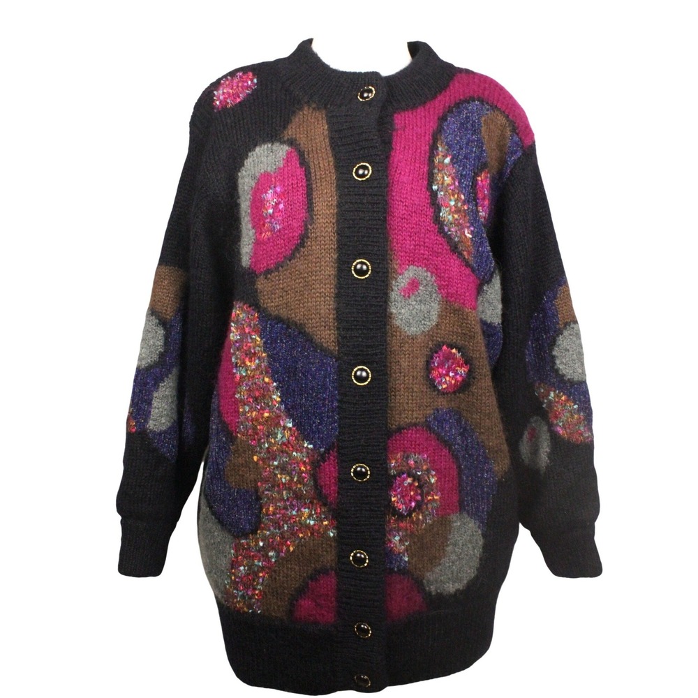 Vintage 80s 90s Womens L Wool Cardigan Abstract Colorblock Statement Sweater